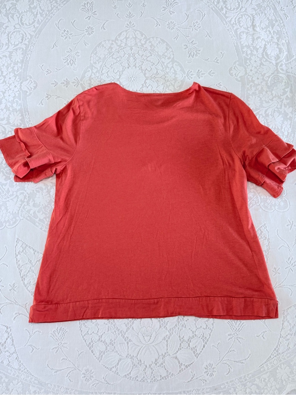 Chico's Terracotta Rust Ruffle Layered Sleeve Tee Top Cotton Modal Size 2 L - Picture 12 of 13